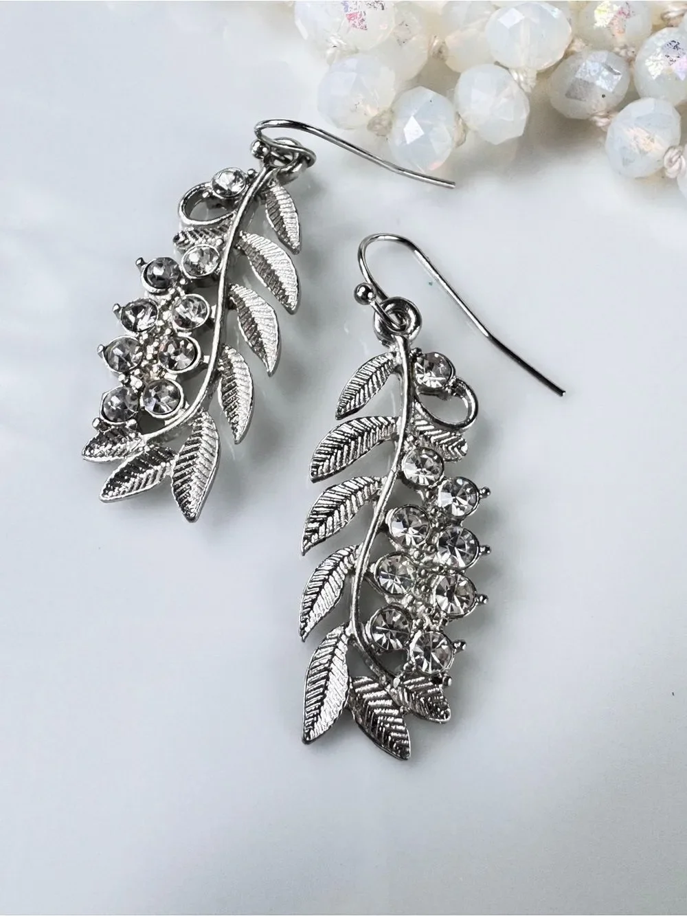 Zara Vintage Silver Leaf Crystal Drop Earrings
